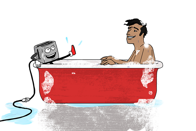 man in the bath with a very happy toaster